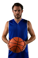 Obraz premium Digital png photo of caucasian male basketball player with ball on transparent background