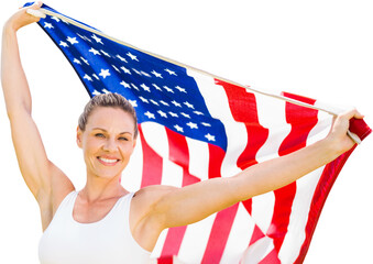 Obraz premium Digital png photo of caucasian sportswoman with flag of united states on transparent background