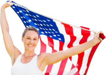 Digital png photo of caucasian sportswoman with flag of united states on transparent background