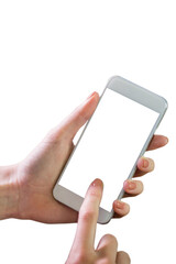 Digital png photo of hands of caucasian woman using smartphone on transparent background