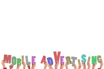 Digital png illustration of hands with mobile advertising text on transparent background