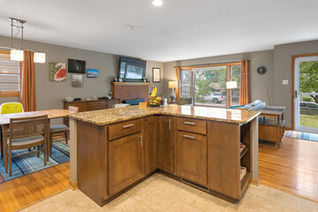 kitchen interior and wooden floor. Simply furniture with utensils, shelves with crockery and refrigerator in modern minimal design, empty space, wood floor