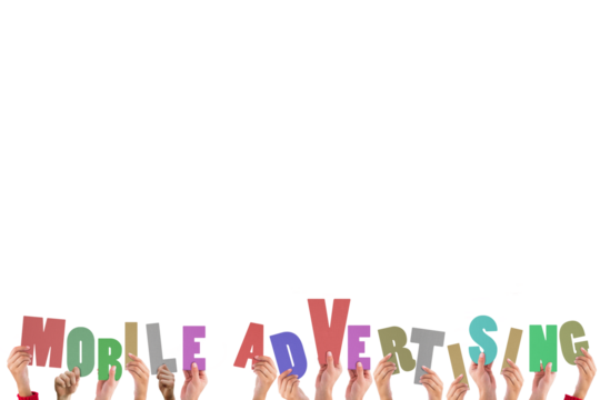 Digital png illustration of hands with mobile advertising text on transparent background - Powered by Adobe