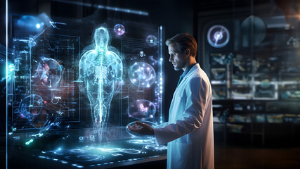 Medical Doctor on hologram modern virtual screen interface,medical technology, Artificial intelligence digital future technology Hospital
