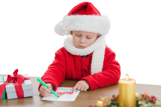 Digital png photo of caucasian boy in christmas suit with presents drawing on transparent background