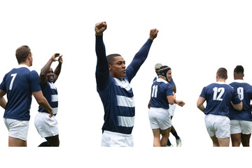 Digital png photo of happy diverse rugby players enjoying victory on transparent background