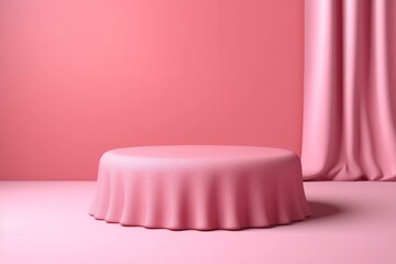 Round podium on pink pastel background. Elegant red fabric flows to surface. Empty pedestal for mockup products. Copy space on luxurious satin. Generative AI