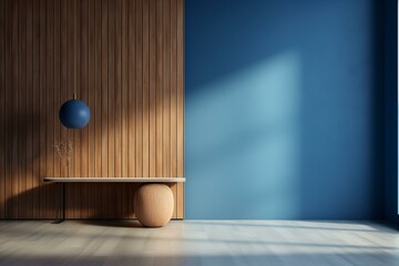 Indoor space with a wooden blue wall. Generative AI