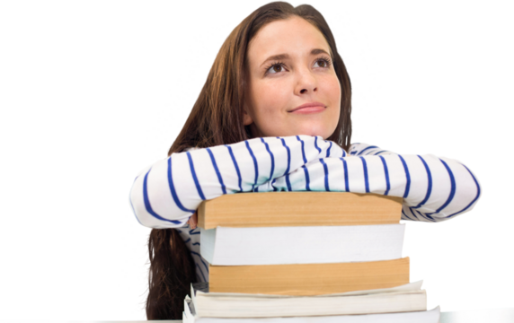 Digital png photo of pensive caucasian woman with books looking ahead on transparent background