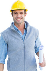 Digital png photo of caucasian architect with yellow helmet and plans on transparent background