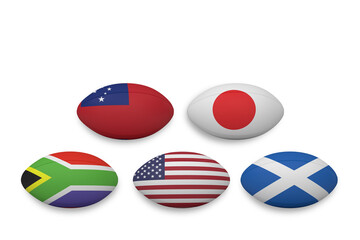 Digital png illustration of rugby balls with different countries colours on transparent background
