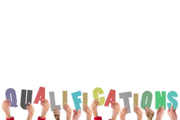 Digital png illustration of hands and qualifications text on transparent background