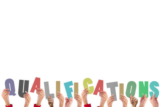 Digital png illustration of hands and qualifications text on transparent background