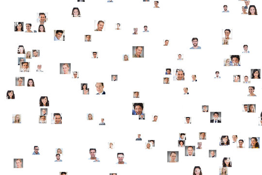 Digital png illustration of many pictures of human faces on transparent background