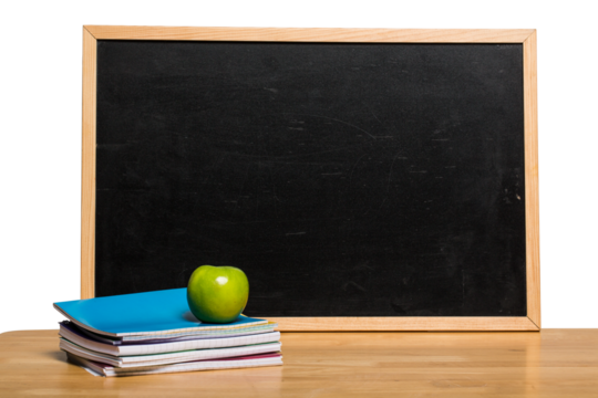 Digital png illustration of black board and notebooks on desk on transparent background