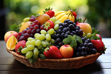 Assorted Fresh Fruits in a Basket with Sunlit Background