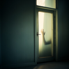 Scary ghost hand behind the door
