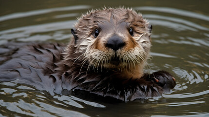 The cute otter is swimming in the water, turning back to look at the camera. close up.