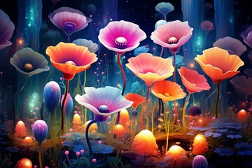 Vibrant digital artwork featuring a surreal flower garden. Generative AI
