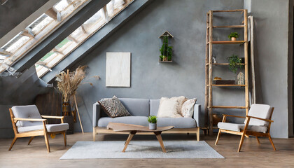 Sofa and lounge chair against grey wall with rustic shelves. Scandinavian home interior design of modern living room in attic