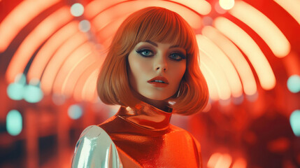 Fashion retro futuristic girl in surrealistic 60s-70s disco club culture life style