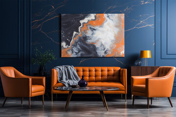 Living room interior design with blue walls and orange sofa, modern look, dark tones.