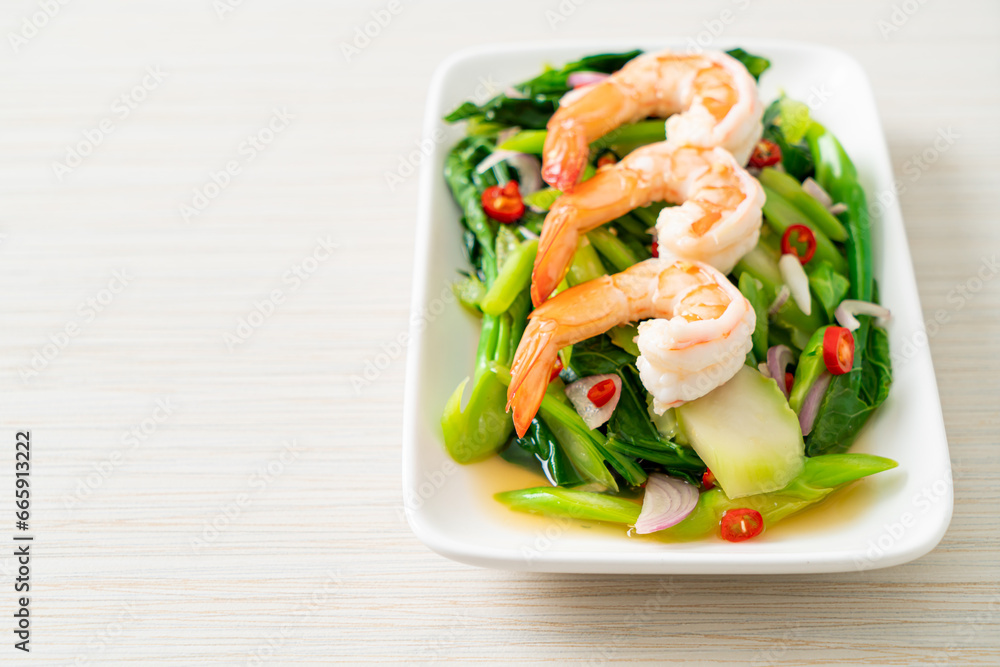 Sticker spicy chinese kale salad with shrimp