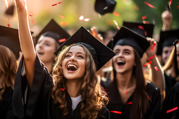 Graduates throwing confetti in the air with ecstatic expressions, Celebration and Victory 