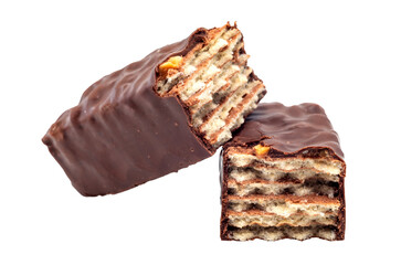 Chocolate bar broken into pieces on a white background. Waffles.Waffle bar with nuts