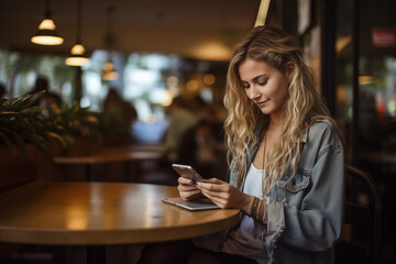 Female freelancer engrossed in smartphone work at a cafe