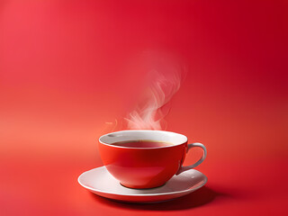 Red cup of hot coffee on red background