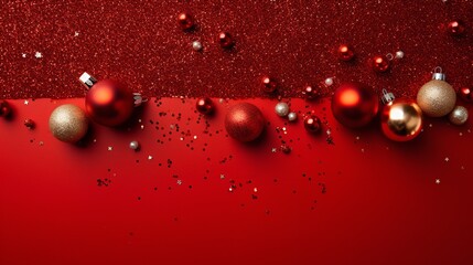 Red Christmas ball ornament with copy space set against a red surface, Generative AI.