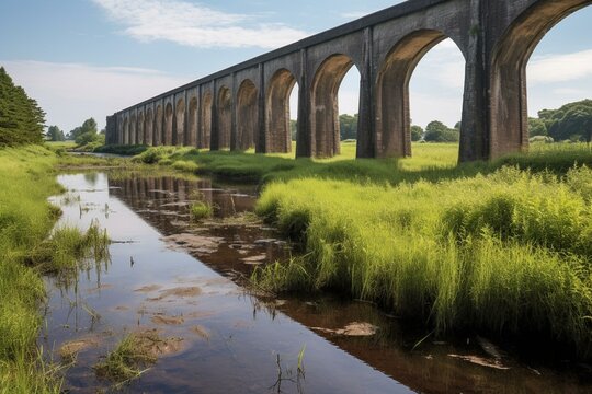 A shoreline view of a railway viaduct in early summer. Generative AI