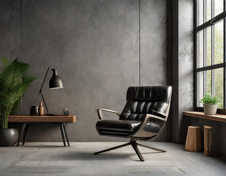 Style loft interior with black leather armchair on dark cement wall.