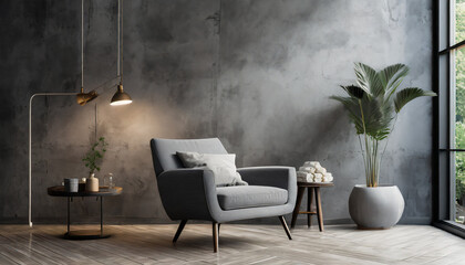 Style loft interior with gray armchair on dark cement wall