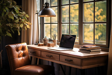A home office with warm wooden furnishings, leather accents, and ample natural light. Vintage-inspired decor adds character to the productive workspace.