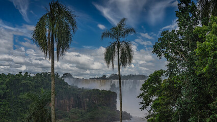 Fototapeta na wymiar Beautiful tropical waterfall landscape. Streams cascade down from sheer cliffs into the gorge. Spray, fog over the river. In the foreground- green vegetation, tall palm trees. Blue sky, clouds. Iguazu