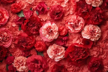 Beautiful floral wall of bright, romantic carnations in red hues. Created with elegance and intricate arrangement. Generative AI