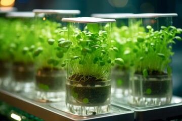 Close-up of a hydroponic system, with sprouts growing in water. Generative AI - obrazy, fototapety, plakaty