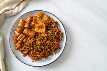 Jajangmyeon or JJajangmyeon with Odeng and Omuk - Korean Instant noodles with Korean fish cake in black bean sauce