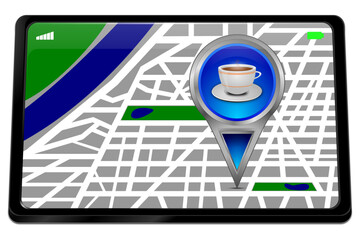 Tablet computer with Map pointer with a Cup of Coffee - 3D illustration - 665915429
