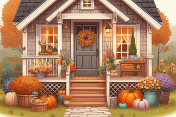 Cute and cozy cottage with fall decorations, pumpkins on the front porch and a wreath