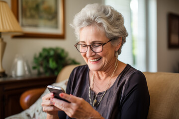 Elderly woman living alone, using a smartphone for communication
