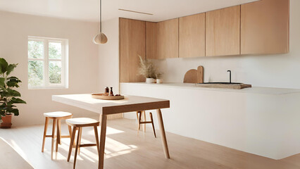 Fototapeta na wymiar Modern scandinavian, minimalist interior design of kitchen with island, dining table and wooden stool.