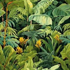 Fototapeta na wymiar Fiddle fig trees, Bird of Paradise leaves, and tropical plants with this jungle landscape seamless pattern