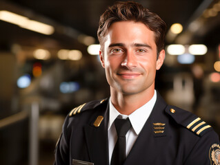 Portrait of a handsome young pilot smiling at the camera while standing in the airport. Generative AI - Powered by Adobe
