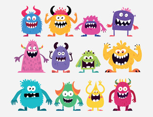 Collection of 12 cute funny monsters illustrations for kids, set of different emotions and poses, fit for children books, games, textile and gift cards