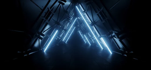 Triangle Shaped Alien Sci Fi Futuristic Cyber Metal Walls Dark Room Garage Hangar Neon Blue Laser Lights Glowing Stage Underground Studio Showcase 3D Rendering © IM_VISUALS