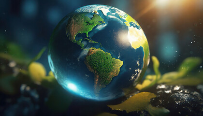 Fototapeta na wymiar Earth Day. Planet, Mother Earth, globe. World in a drop, Generative Ai