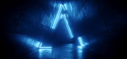 Sci Fi Futuristic Cyber Technology Neon Laser Glowing Beam Blue Lights In Triangle Alien Spaceship Tunnel Corridor Stage Hangar Catwalk Dark Underground 3D Rendering © IM_VISUALS